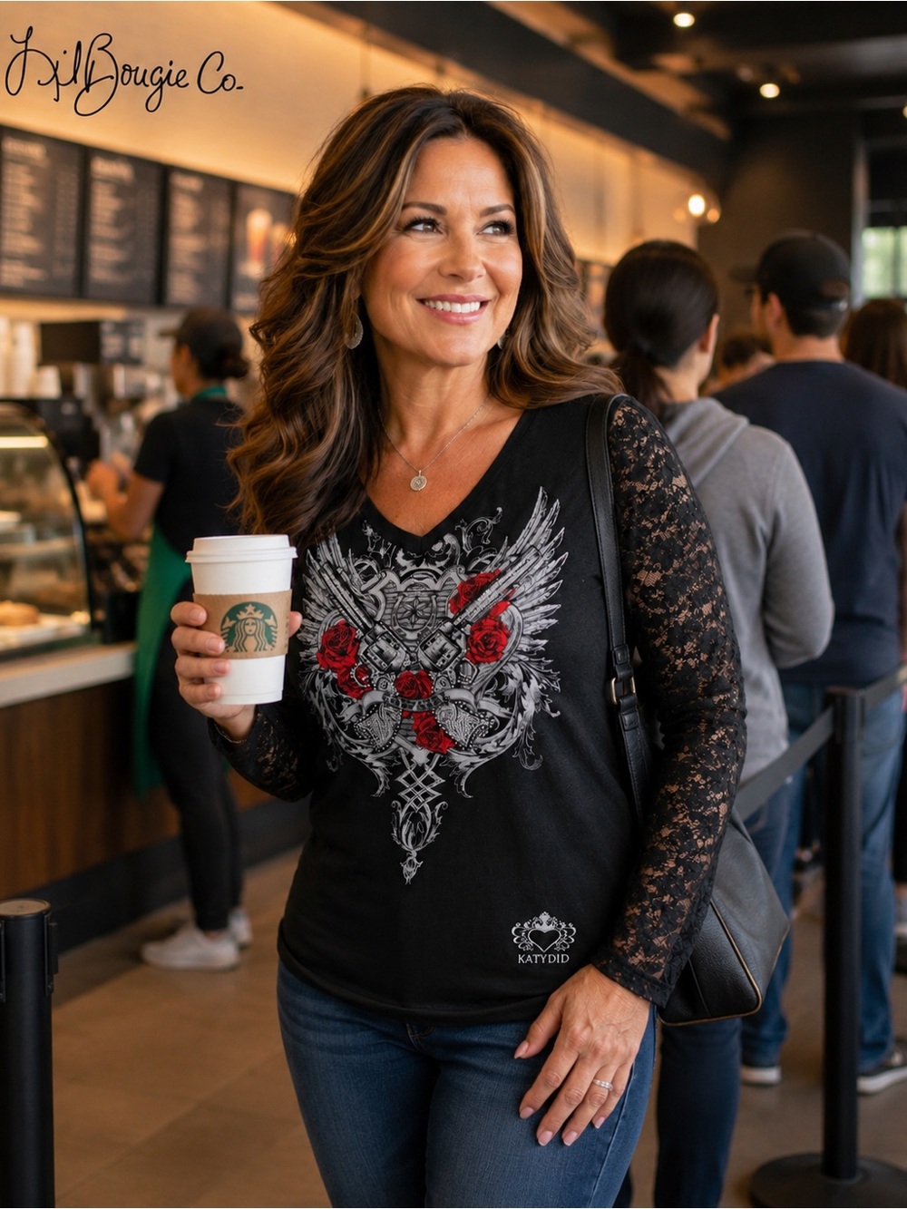 Katydid Cowgirl Black Lace-Sleeve V-Neck Top with Red Rose Graphic - Women’s 2XL - Picture 1 of 12